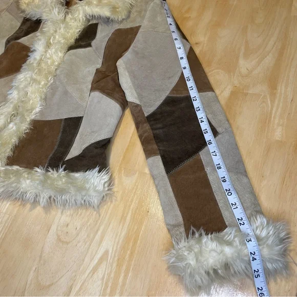 Vintage STATIC Genuine Suede Leather Patchwork Faux Fur Trim Jacket - Brown/Tan - Picture 12 of 16